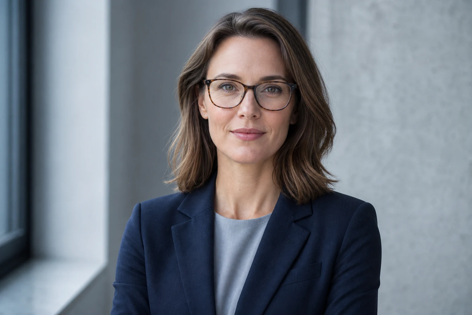 Woman wearing elegant optical frames in a blue-grey architectural interior